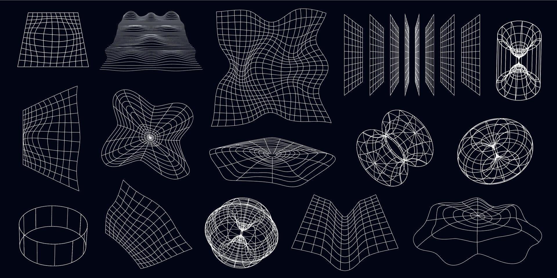 Cyber neo futuristic grids, 3d mesh objects and shapes. Wireframe wavy geometric perspective plane. 80s cyberpunk line elements vector set