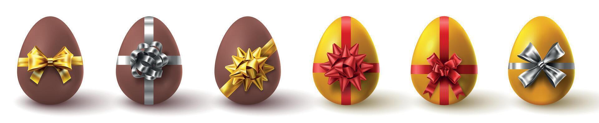 Realistic golden and chocolate easter egg gifts with ribbon bows. Spring holiday surprise eggs presents. Happy easter day hunting vector set