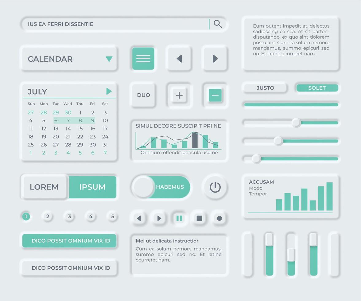 Neumorphism ui components for business app dashboard design. Modern neomorphic buttons, search form, slider, calendar and chart vector set