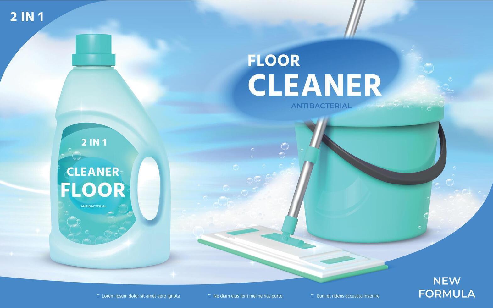Floor cleaning product poster with realistic mop and bucket with foam. Surface cleaner bottle with bubbles, floor detergent ad vector design
