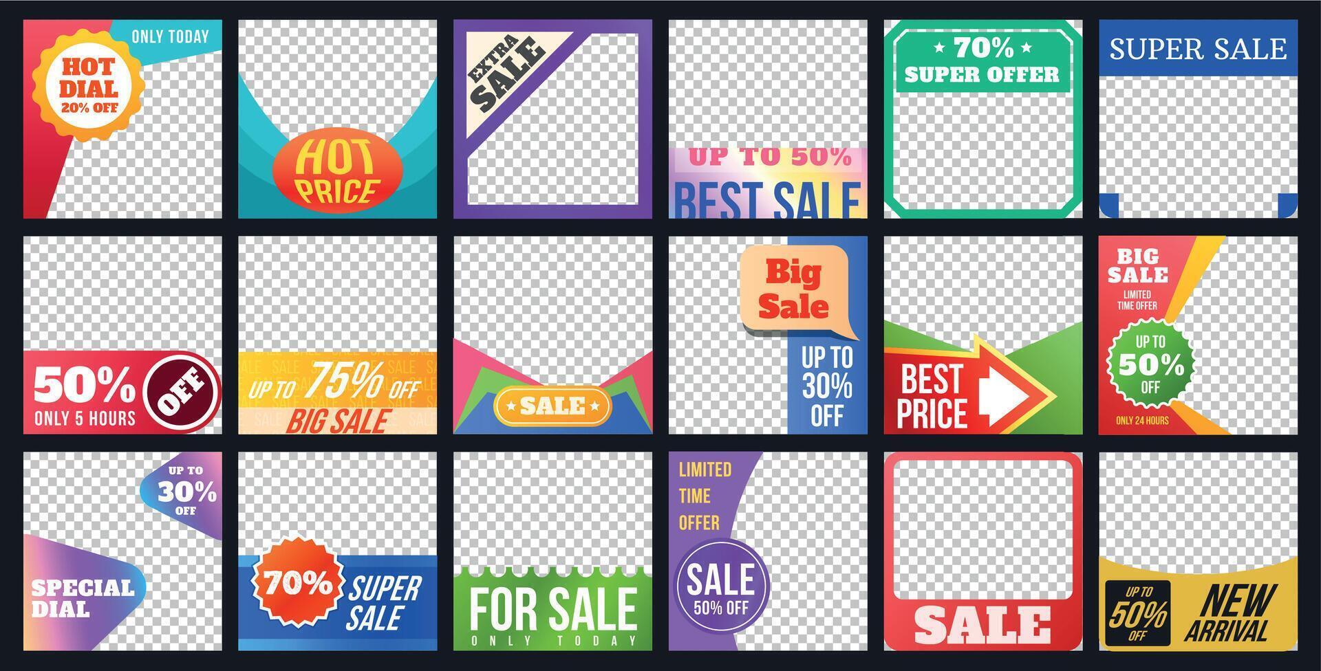 Social media sale post template with discount stickers. Product promotion square frames for social network ads. Web promo offer vector set