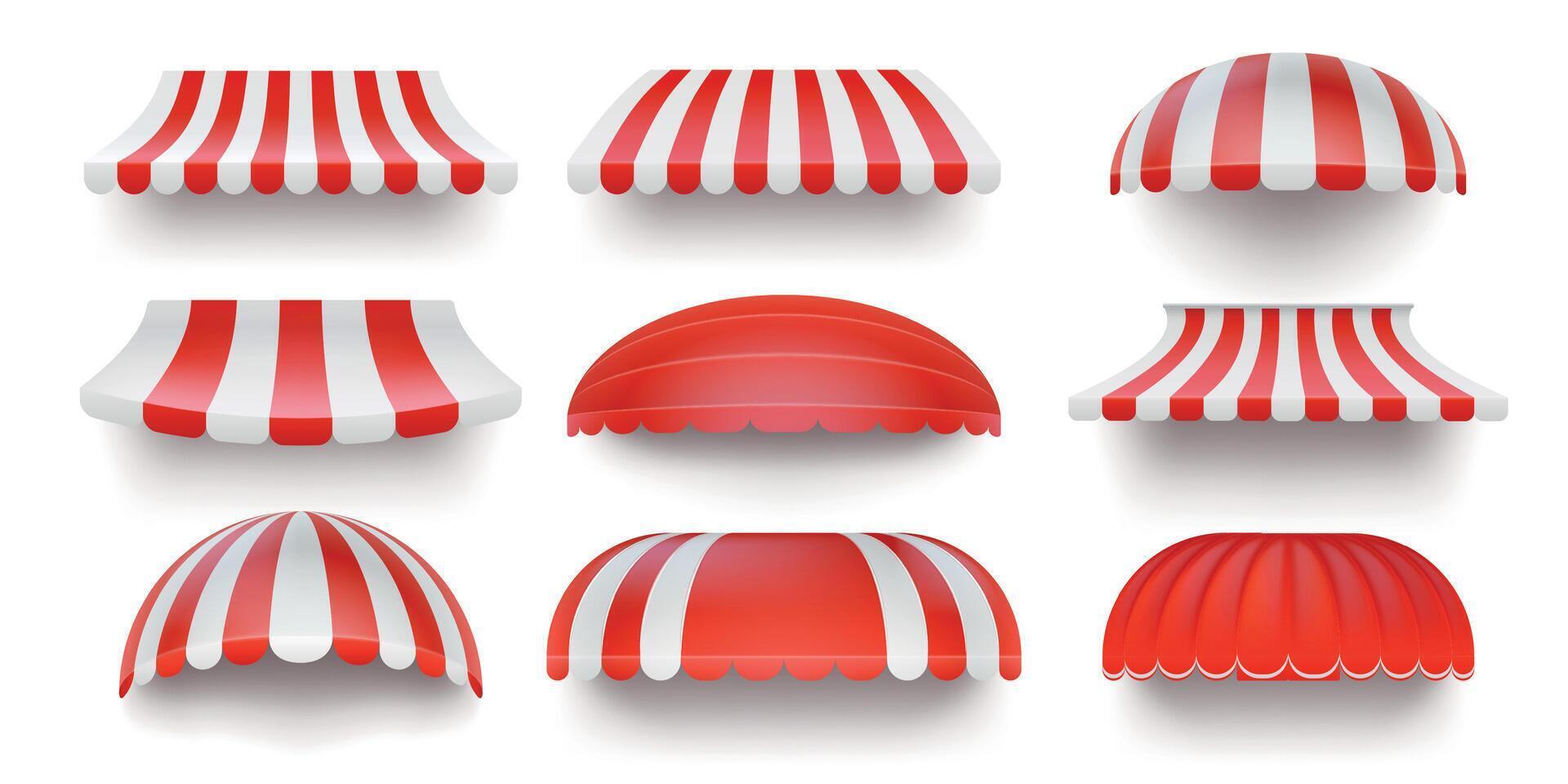 Realistic striped store sunshade awning, shop canopy. Red and white market umbrella. Front tent roof for shop showcase designs vector set
