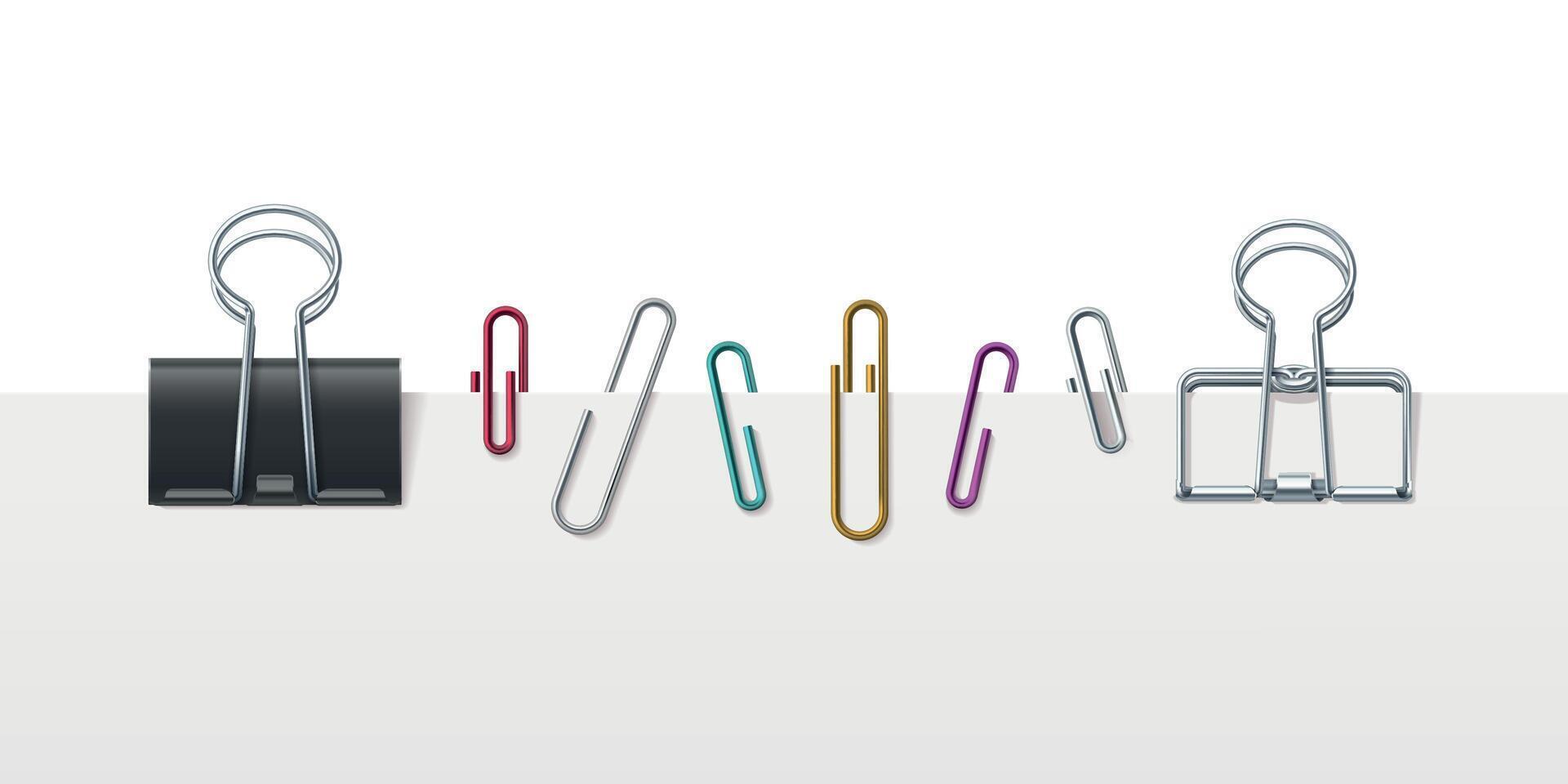 Realistic metal paper binder clips, clamps and sheet holders. Office paperclips attached to white page. Office clip attachment vector set