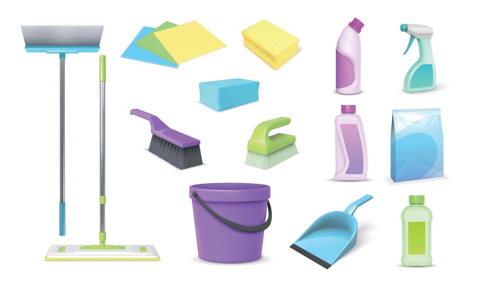 Realistic 3d home cleaning tools, brooms, mop and bucket. Household cleanup and dish washing chemical products, rags and sponges vector set