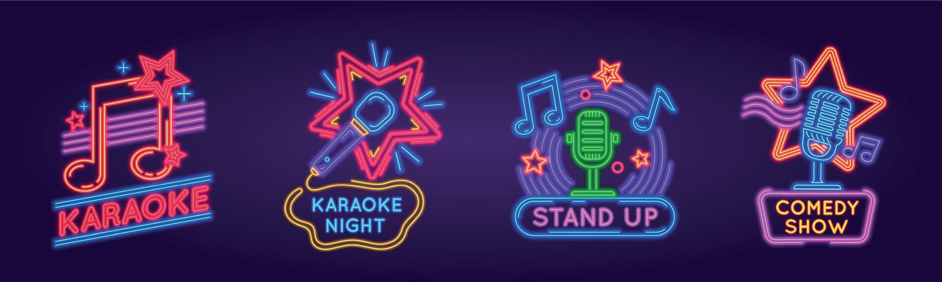 Neon signs for karaoke club and stand up comedy show. Music and song singing party night glowing logos. Karaoke bar event poster vector set