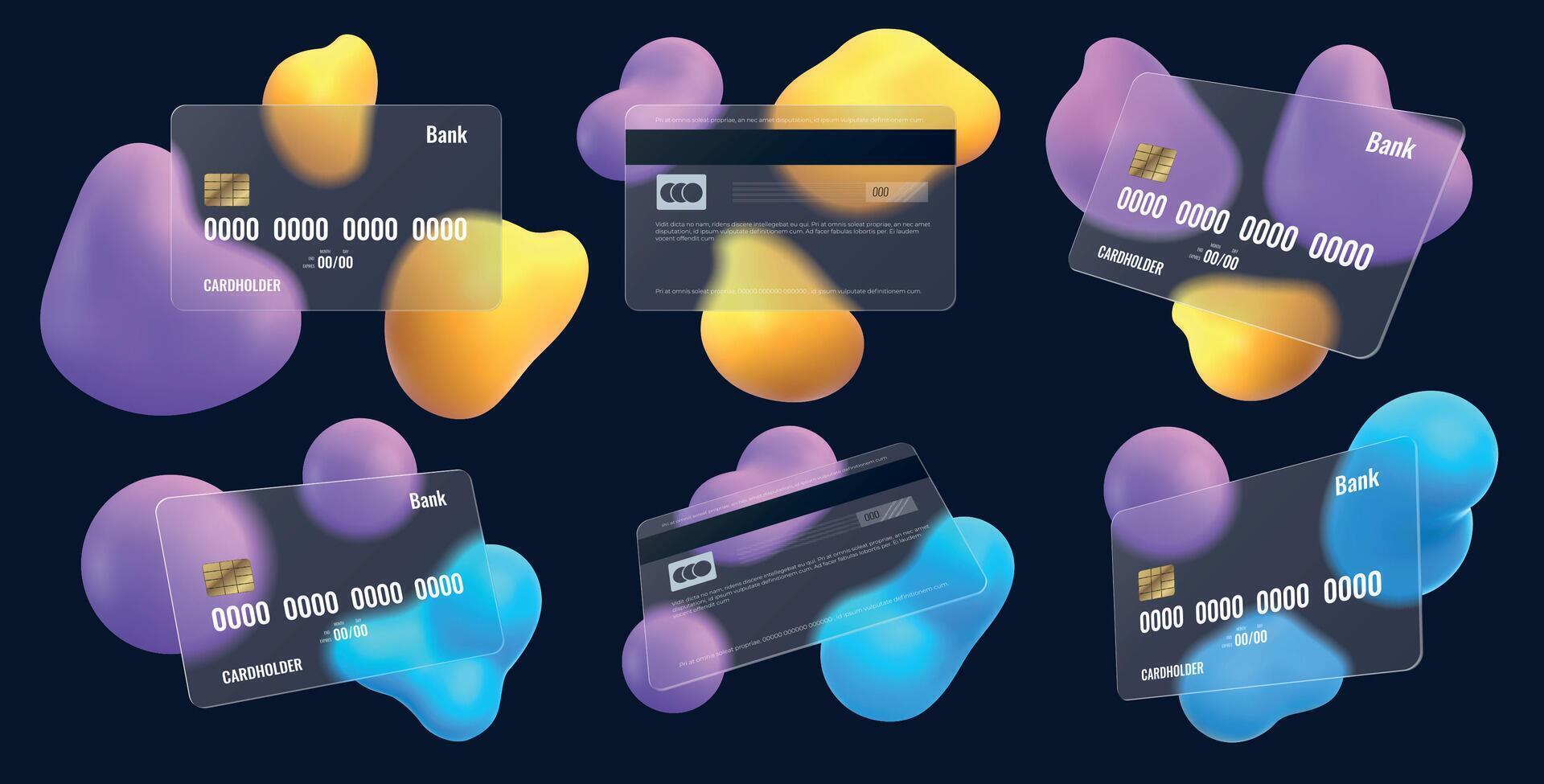 Realistic credit card mockup in glassmorphism style with blur. Transparent plastic shopping debit cards. Glass bank payment card vector set
