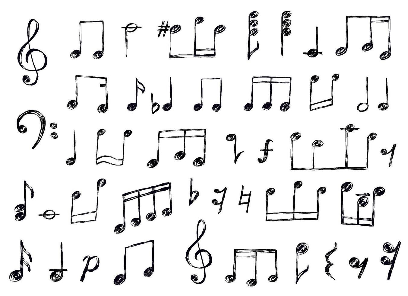 Sketch musical notes, rest, treble and bass clef. Grunge scribble music sign elements. Song or melody notation doodle note symbol vector set