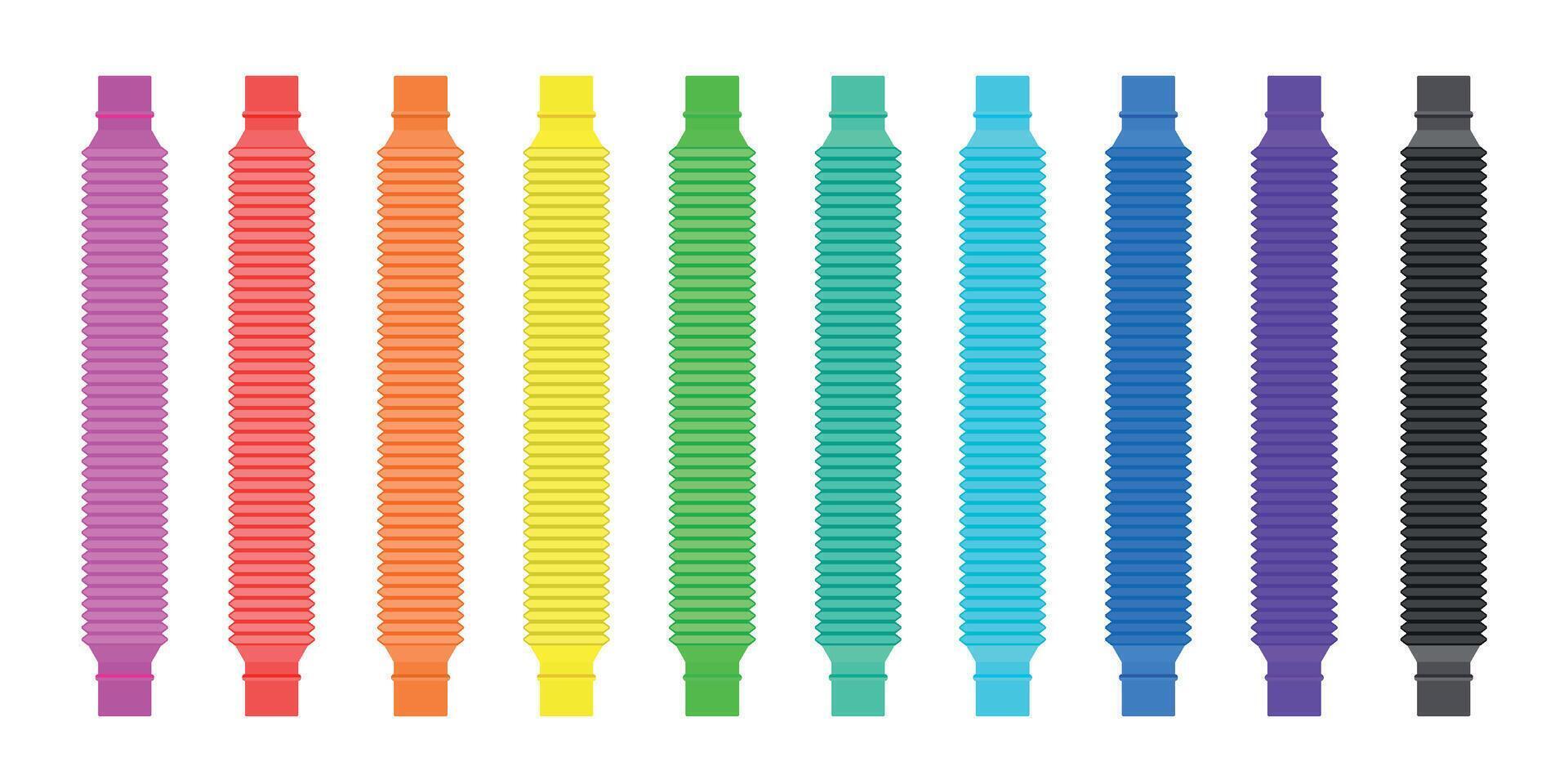 Corrugated flexible pop pipes, antistress children toy. Kids sensory fidget plastic tubes. Flat trendy pop toys in rainbow colors vector set