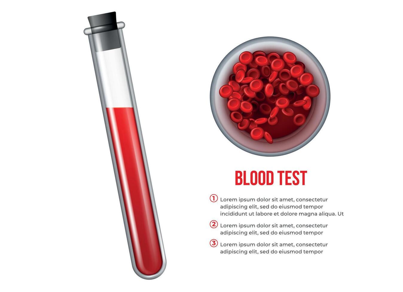 Realistic medical glass test tube with red blood cells. Medicine poster hematology analysis. Human health laboratory research vector concept