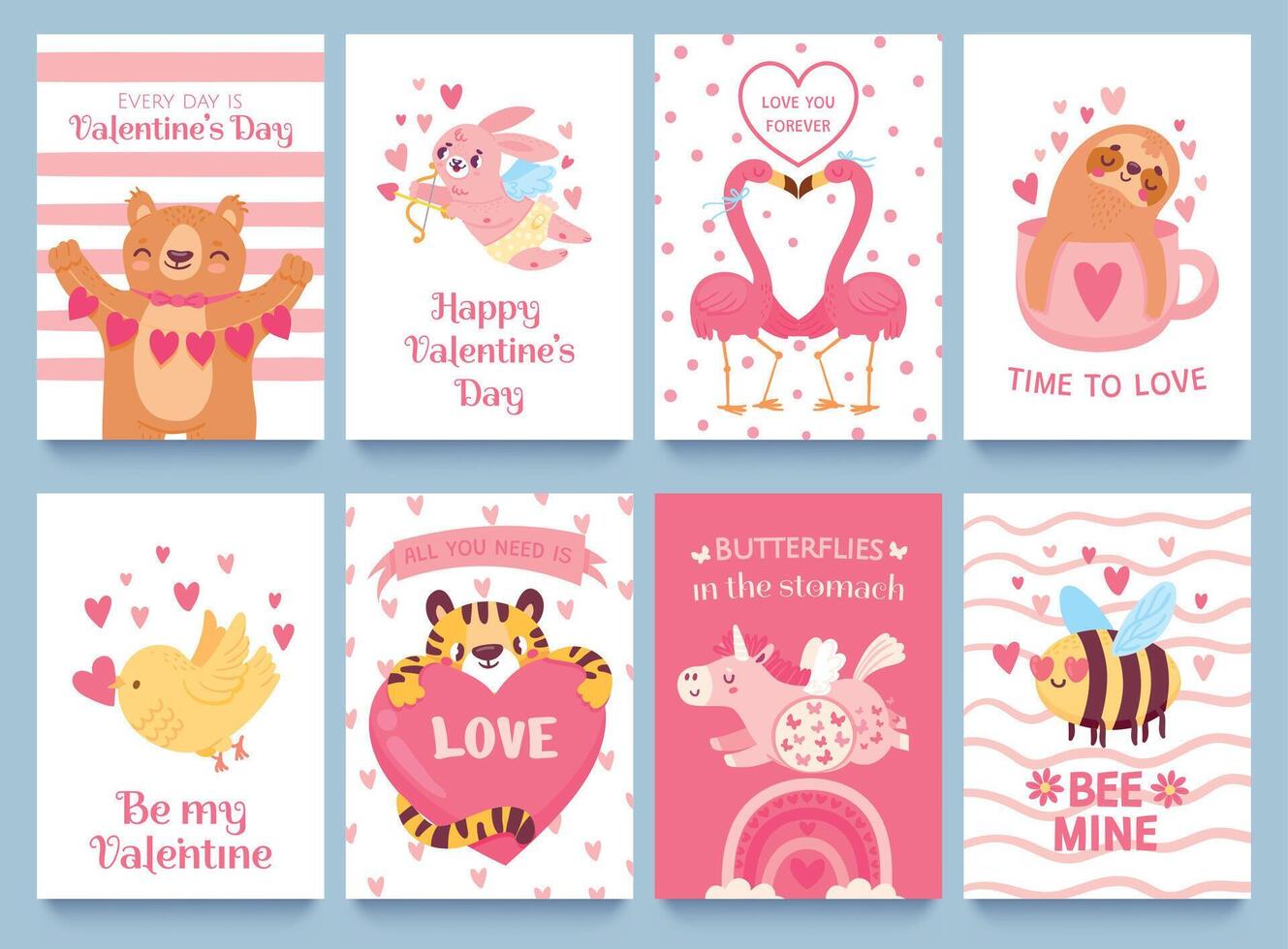 san valentin tarjetas con linda animales carteles para enamorado día con dibujos animados conejito, unicornio, flamenco y abeja. animales con corazones vector conjunto