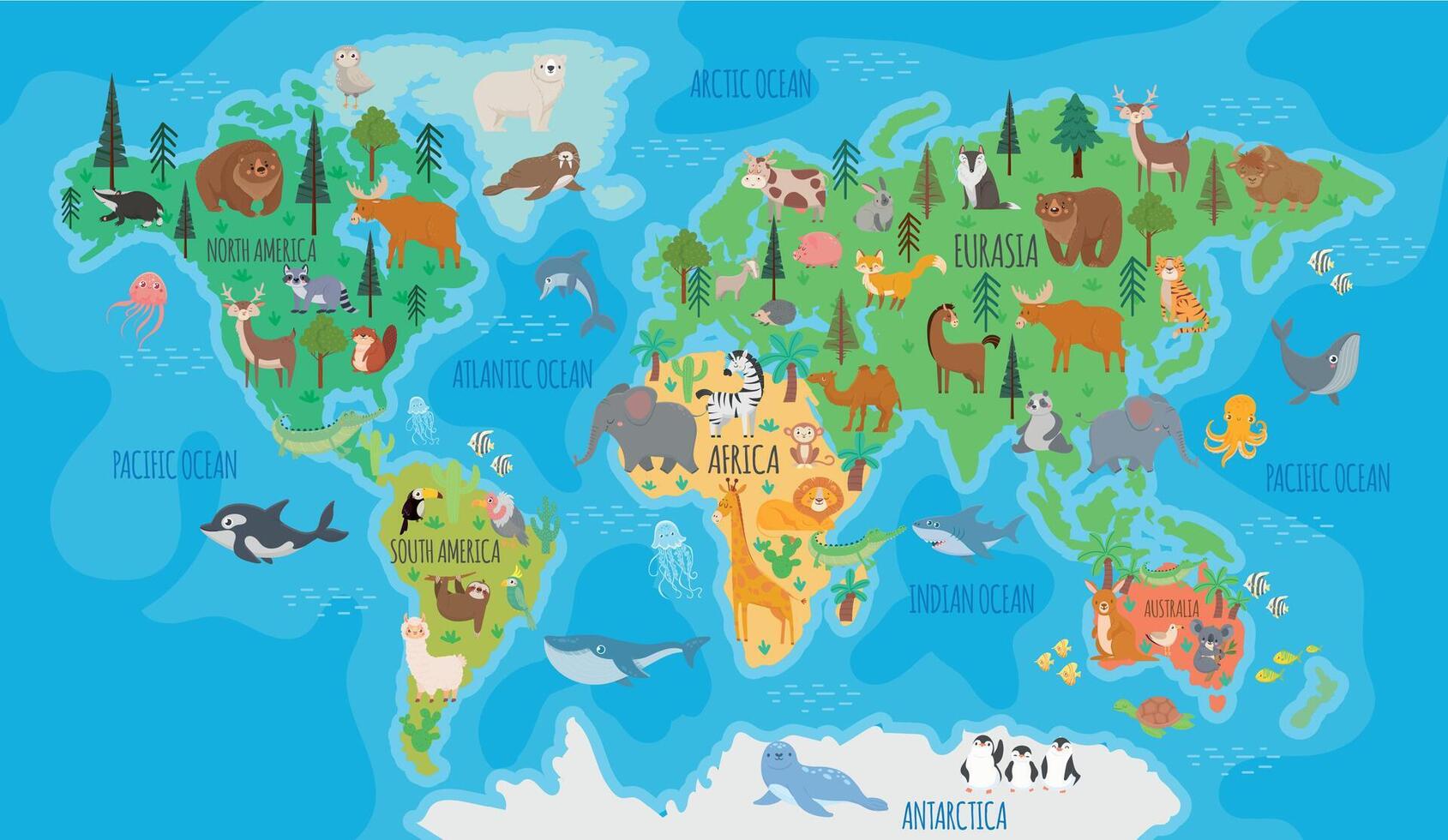 .Cartoon world map for kids nursery with forest animals. Children geography education with europe, asia, australia and america vector poster