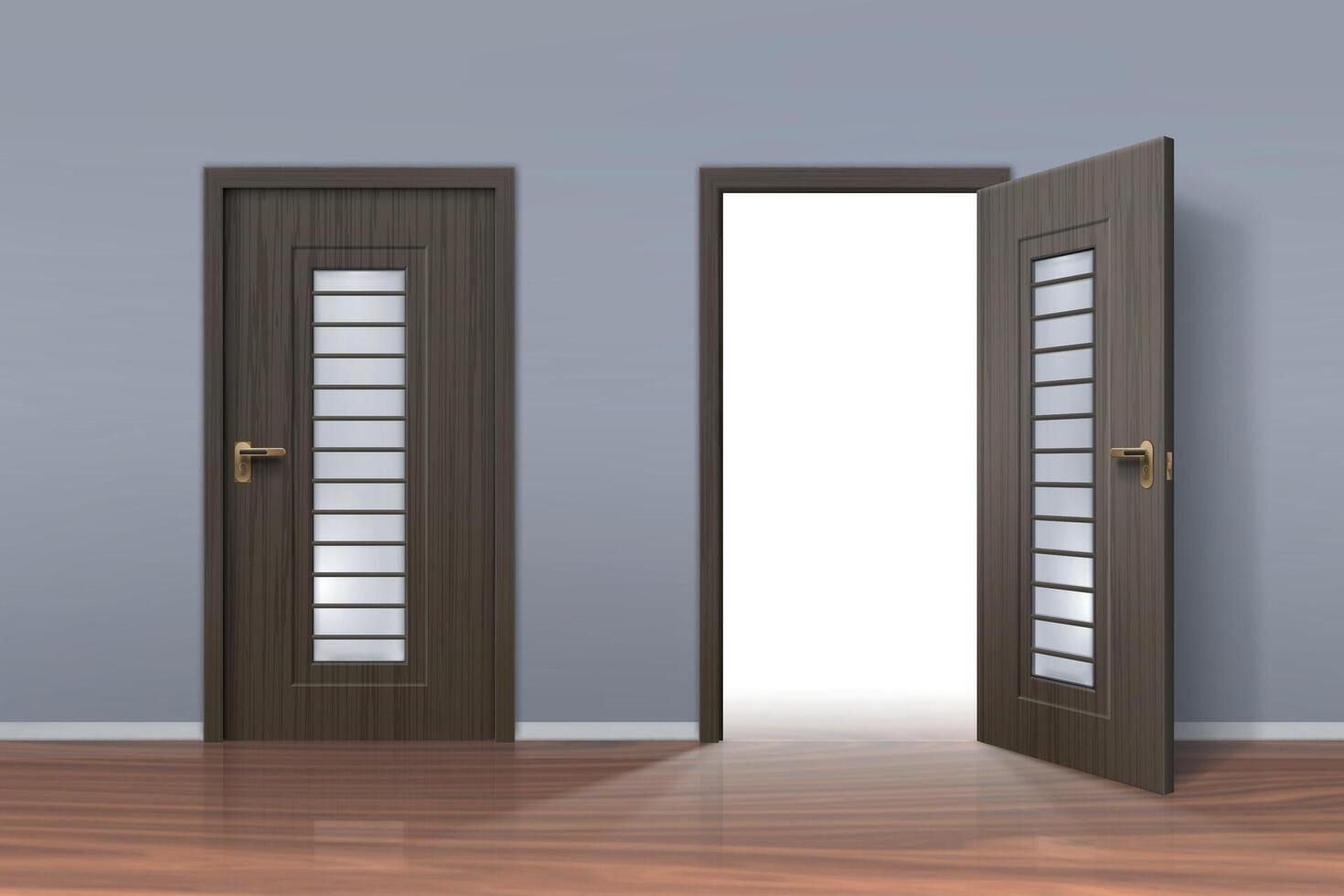 Realistic opened and closed doors in office or home hallway interior. Light inside doorway. Wooden room entrance. Opportunity vector concept