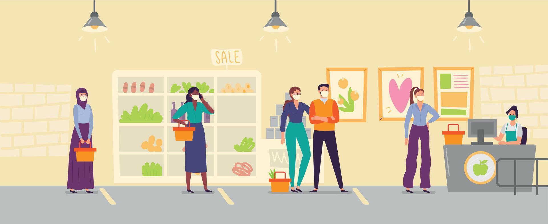 People in store line keeping social distance. Men and women wearing medical face mask buying food in supermarket vector