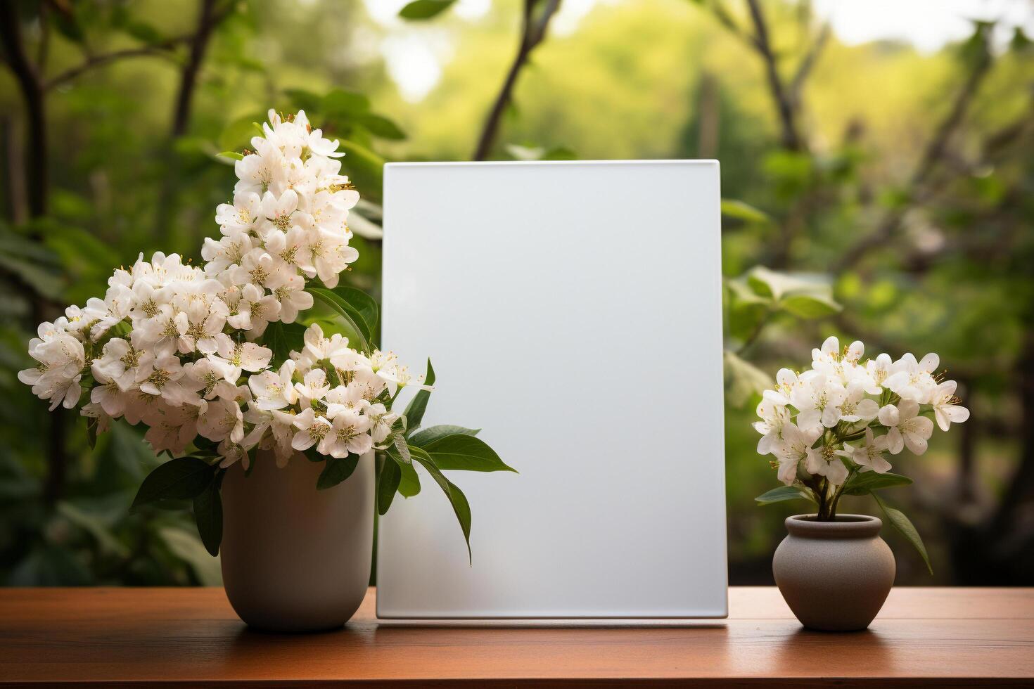 AI generated A blank white mockup photo frame leaning against a tree