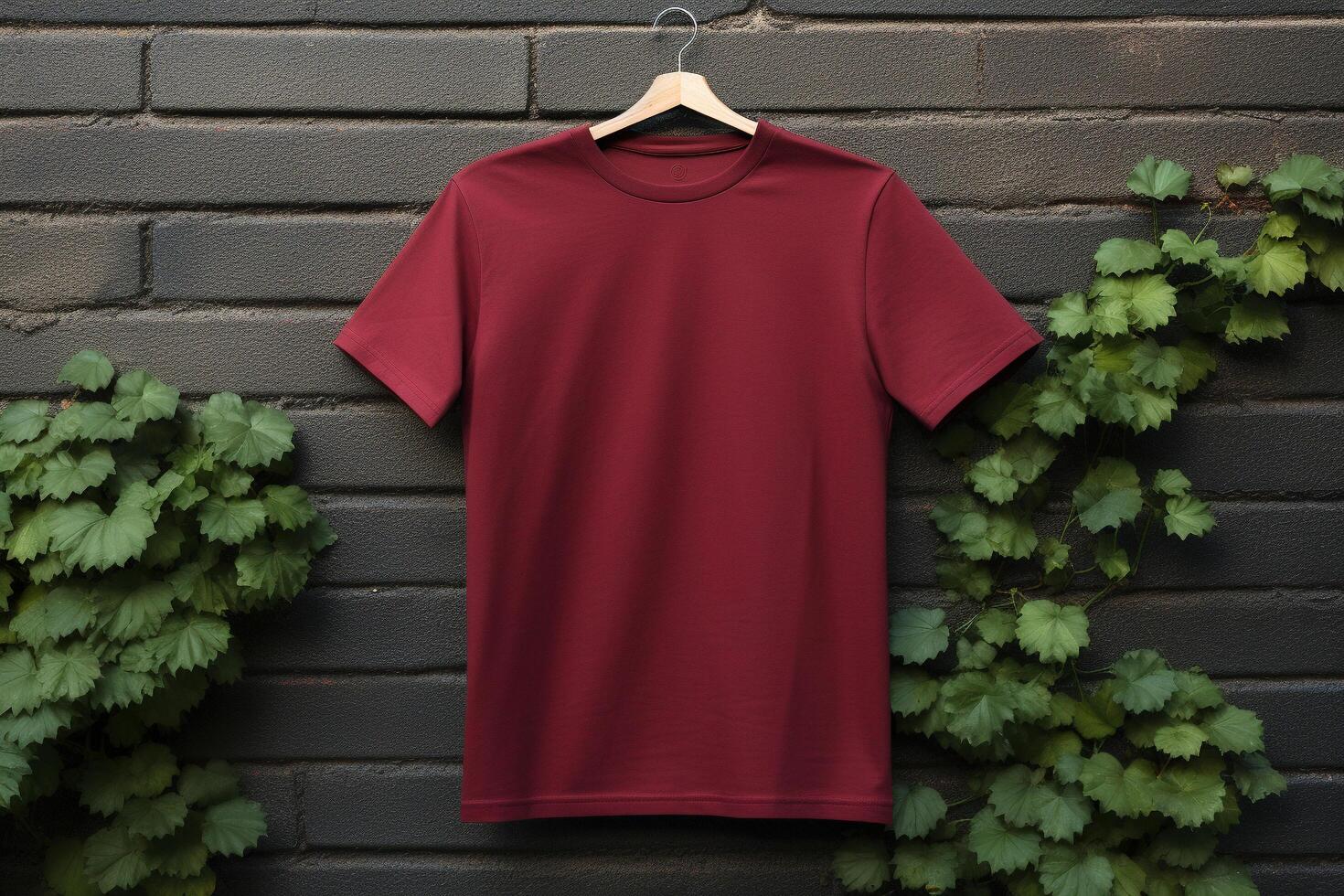 AI generated Blank maroon t-shirt on a street photo