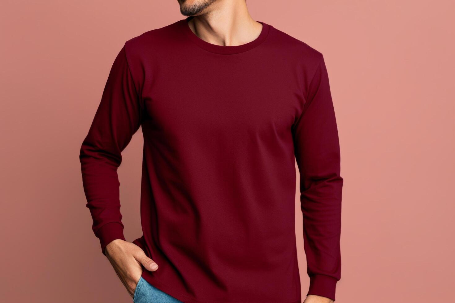 AI generated Burgundy Red Classic Crewneck T-shirt mockup with model photo