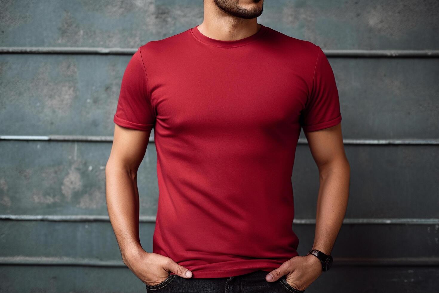 ai generado borgoña rojo clásico Cuello redondo camiseta Bosquejo con modelo foto