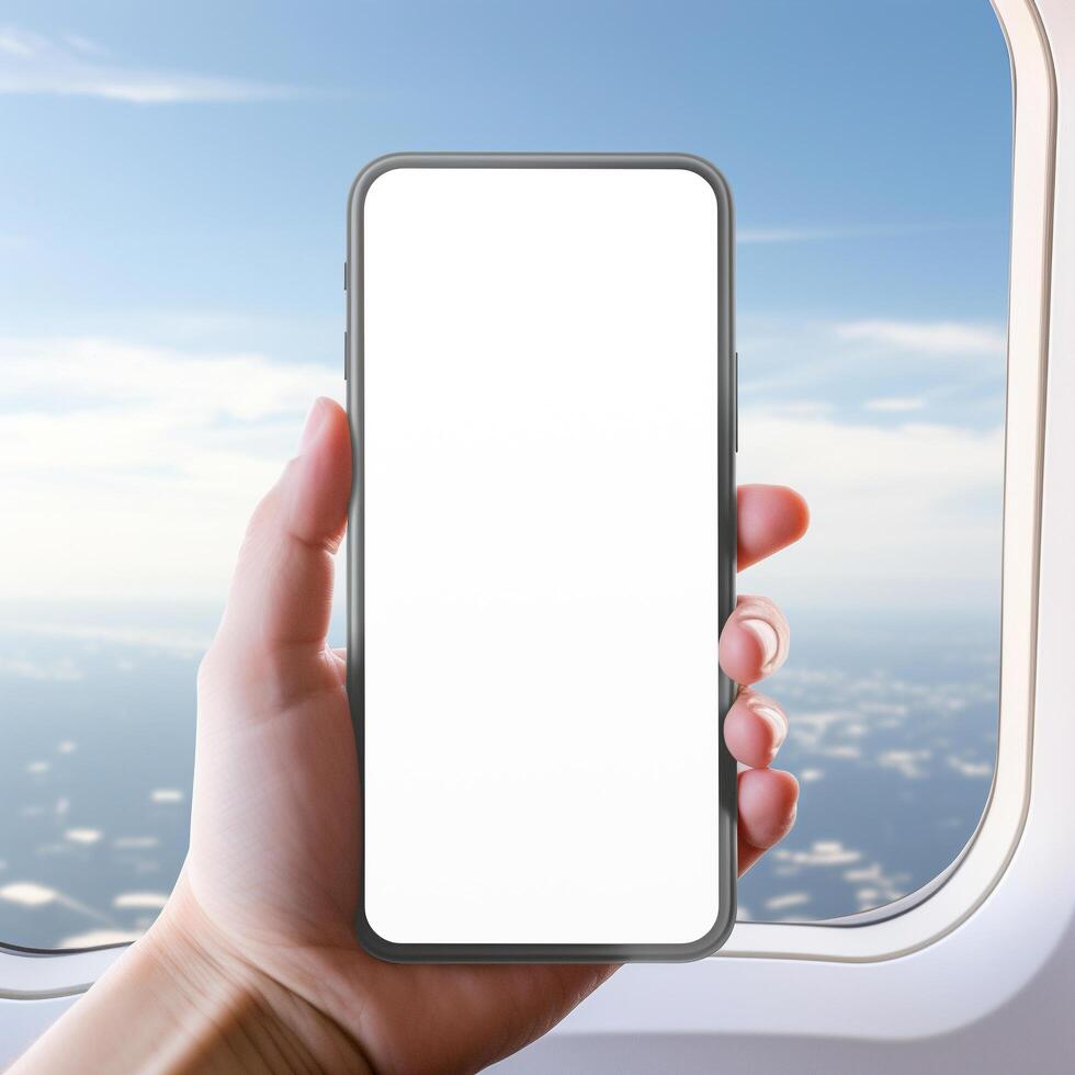 AI generated Hand holding a blank mockup phone against the window photo