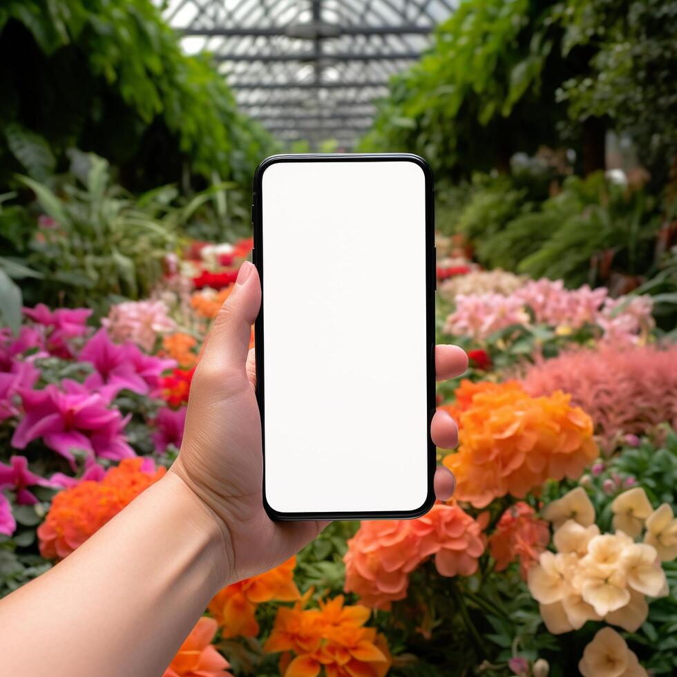 AI generated Hand holding a blank mockup phone against a backdrop photo