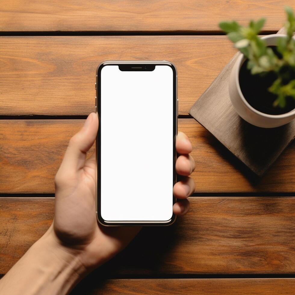 AI generated Hand holding a blank mockup phone on a top view of a wooden table photo