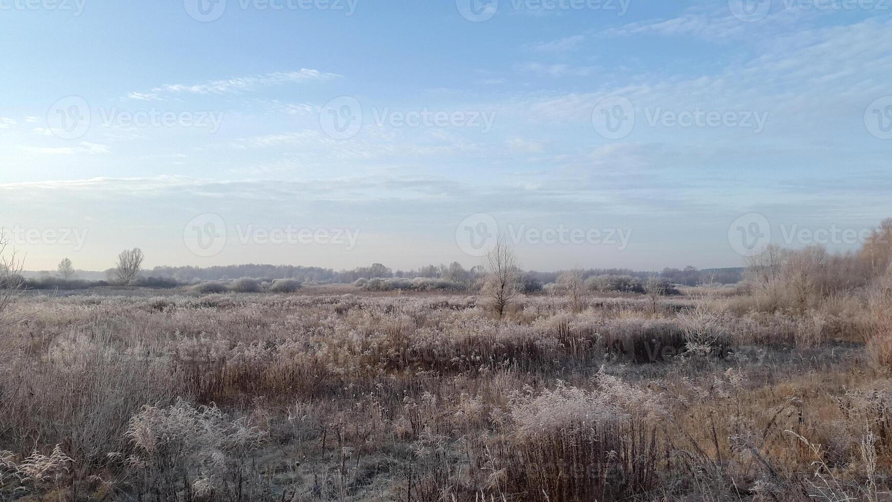 Cold autumn morning. Frosty autumn morning. Frost in the autumn landscape photo