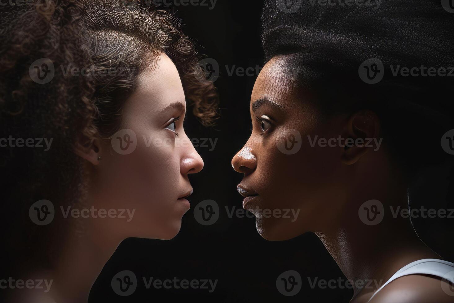 AI generated Side view of black woman and white woman. Generate ai photo