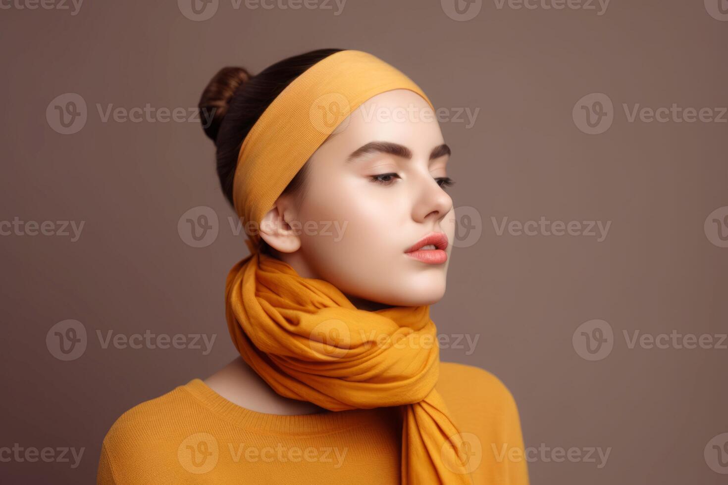 AI generated Beautiful woman with scarf wrapped neck. Generate ai photo