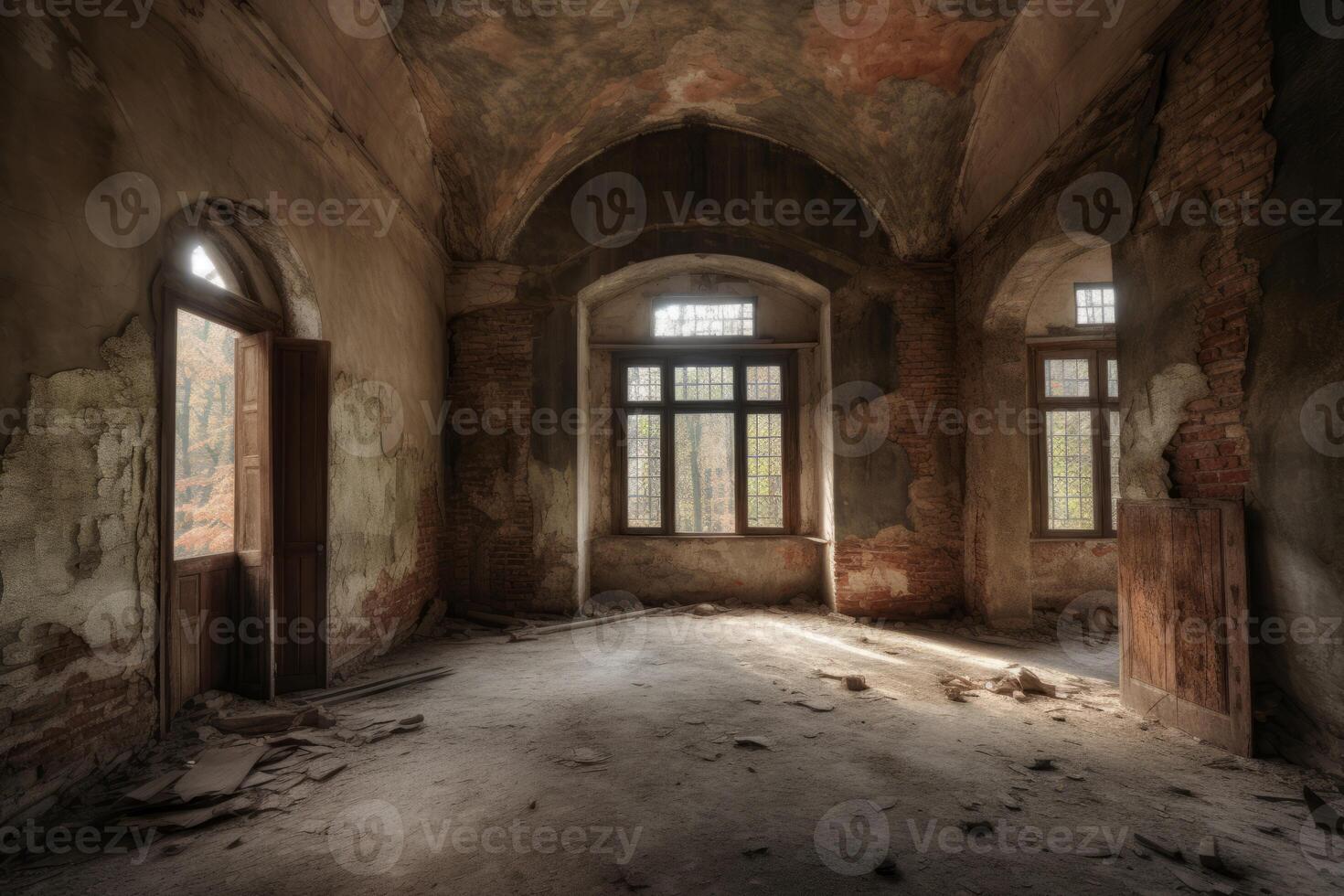 AI generated Abandoned ancient building interior hall. Generate Ai photo