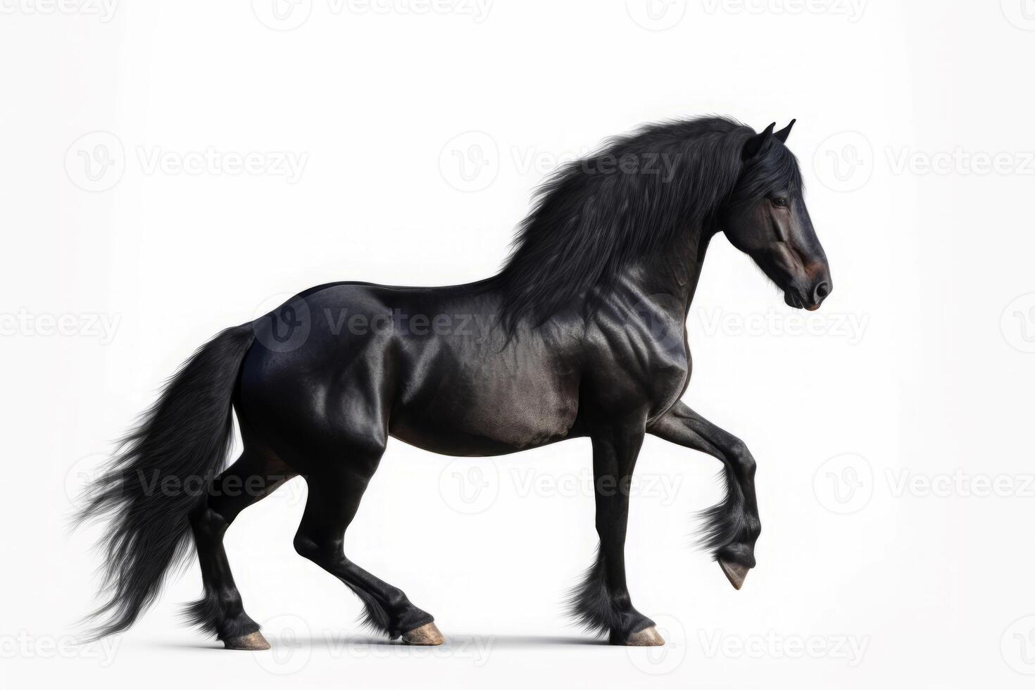 AI generated Prancing black regal stallion on white background. Generate ai photo