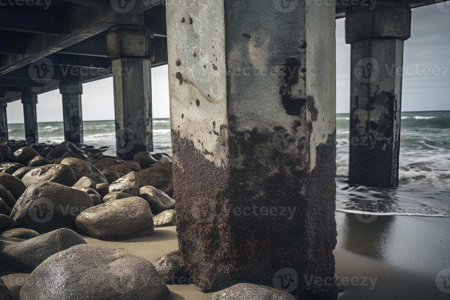 AI generated Bridge pillar on beach. Generate ai photo