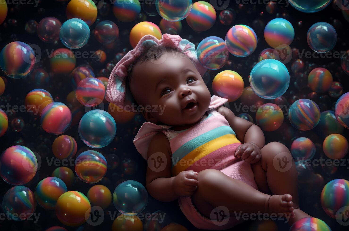 AI generated Black infant on colorful bubbles. Generate ai photo