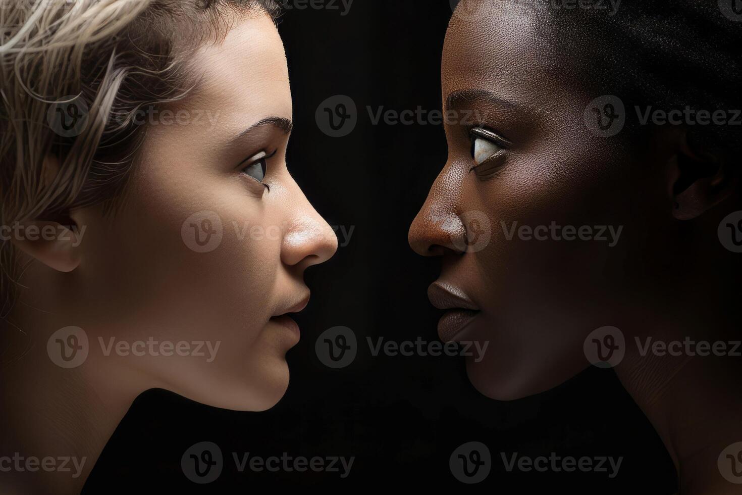 AI generated Side view of black and white woman gazing to each other. Generate ai photo