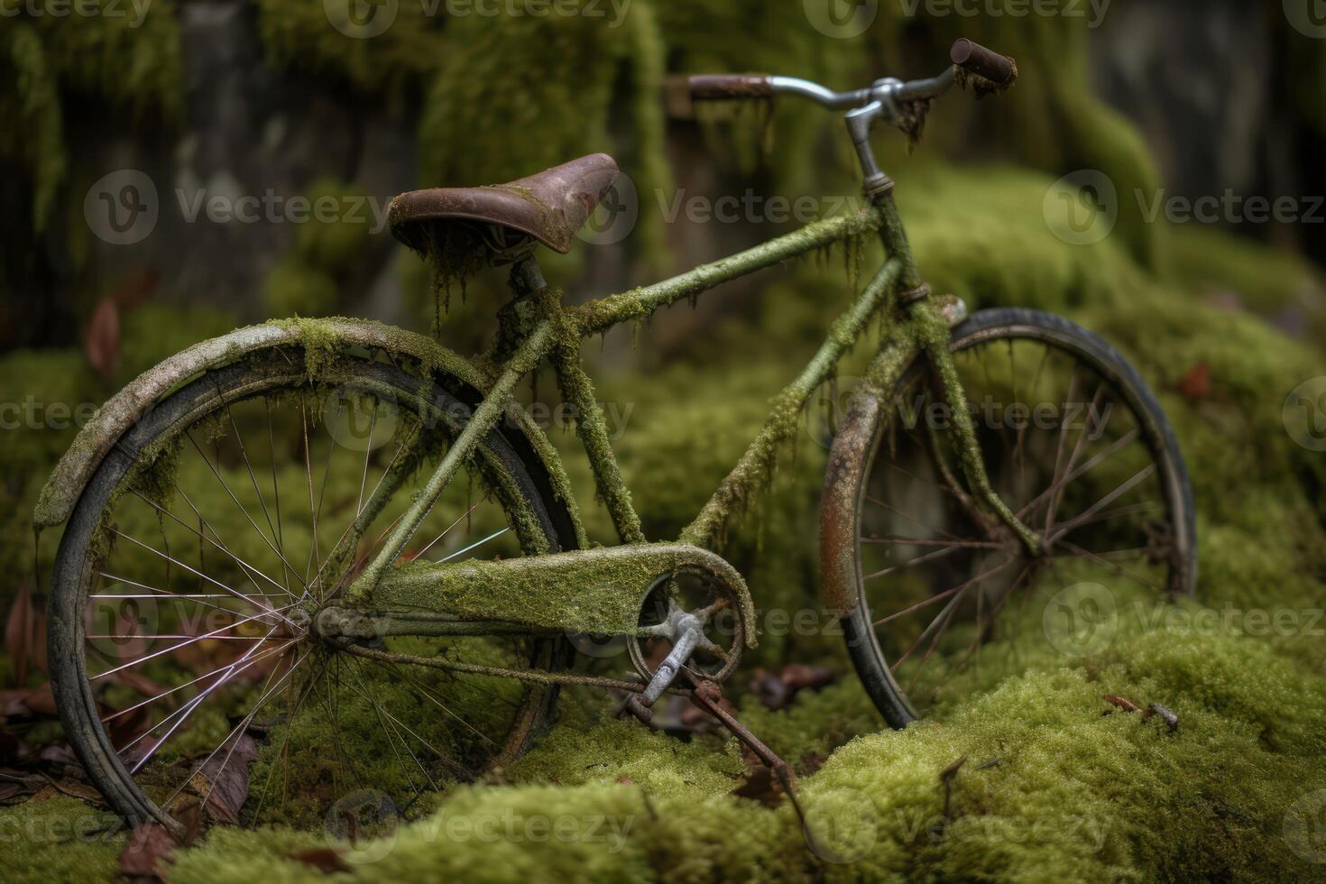 AI generated Old abandoned rusty bicycle mossy growth. Generate ai photo