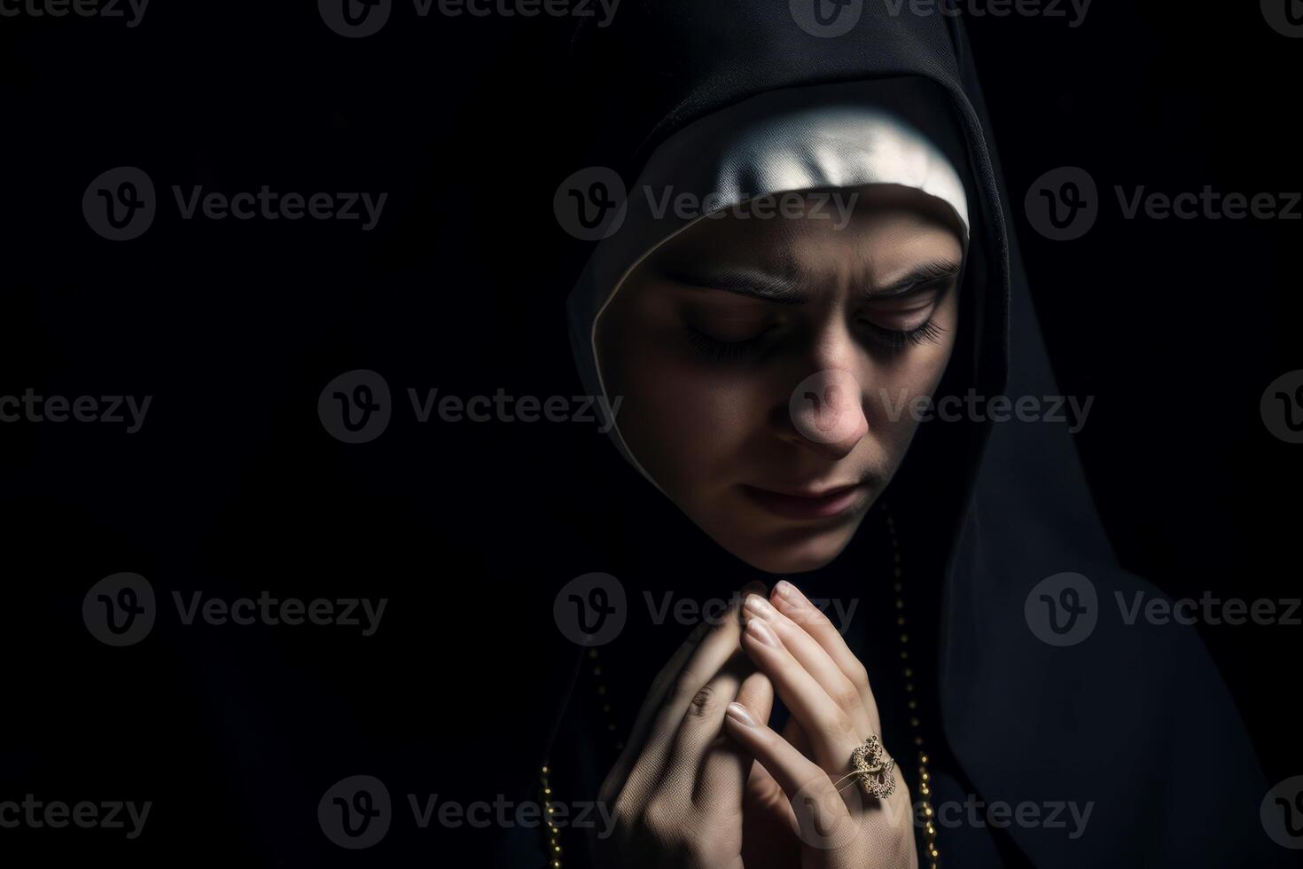 AI generated Mysterious nun portrait on dark background. Generate ai photo