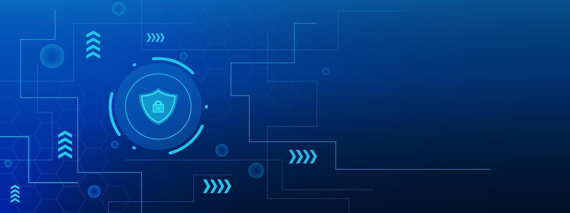 Cyber security, internet network protection and data privacy policy concept with shield and lines on a technology background. Vector illustration.