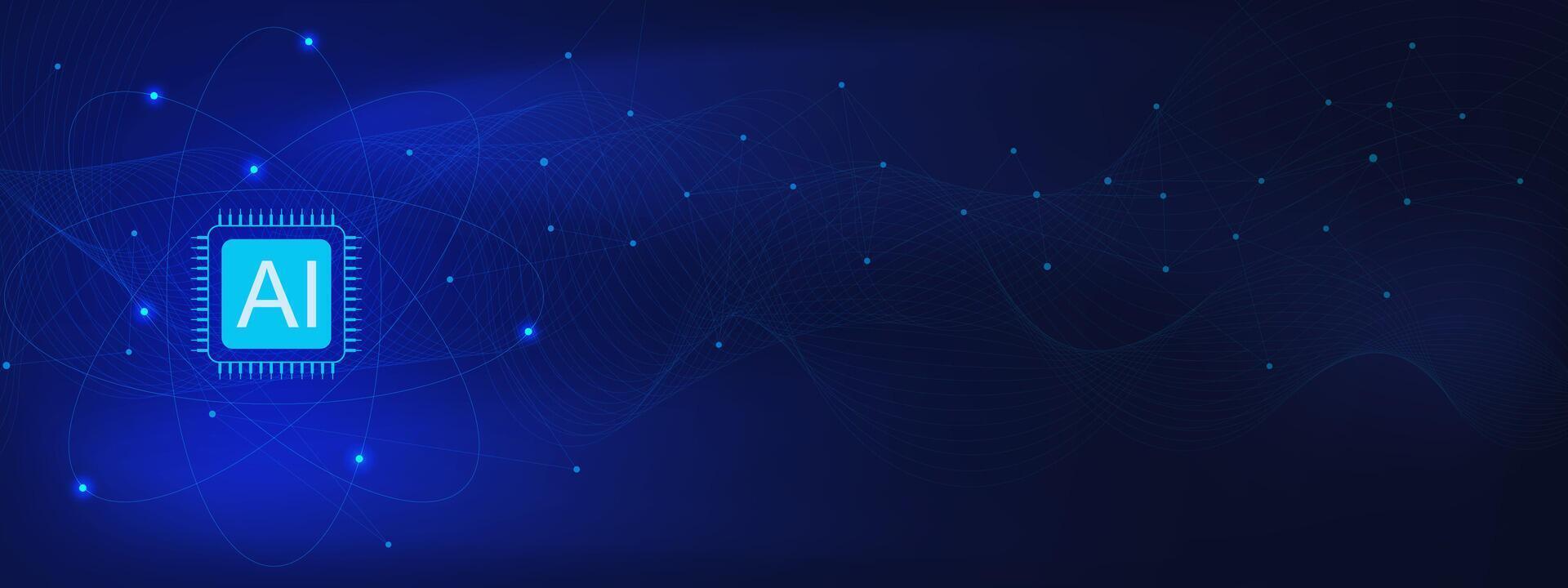 Microchip with connecting dots and lines for network connection. High computer technology and artificial intelligence concept on dark blue background. Vector illustration.