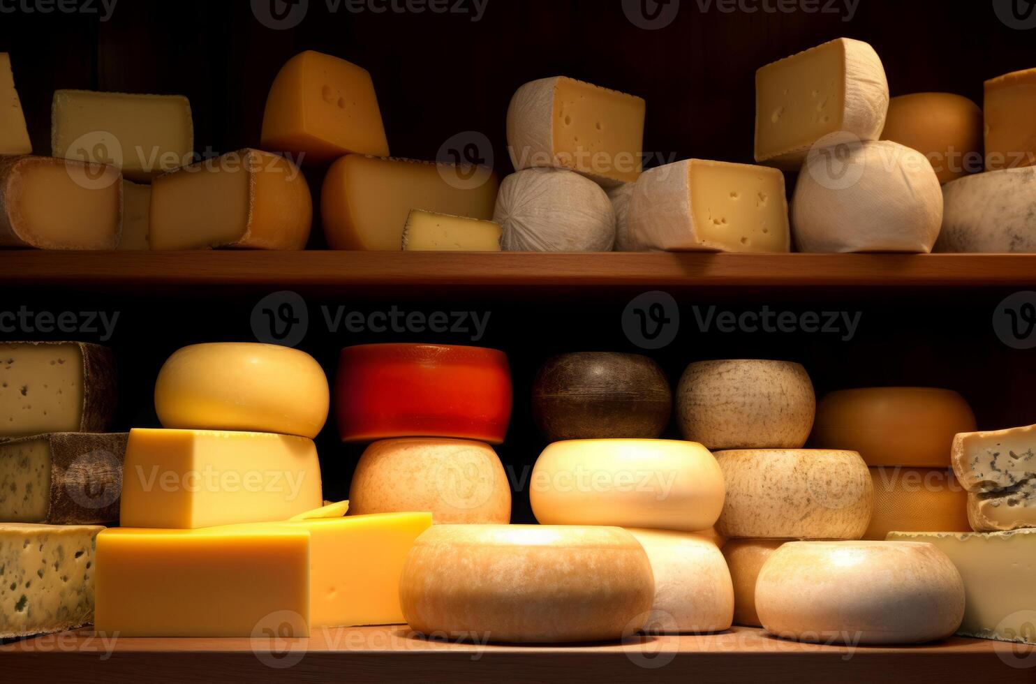 AI generated Cheese wheels assortment on shelves. Generate ai photo