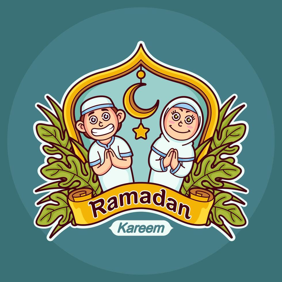 Cute cartoon boy and girl during Ramadan vector