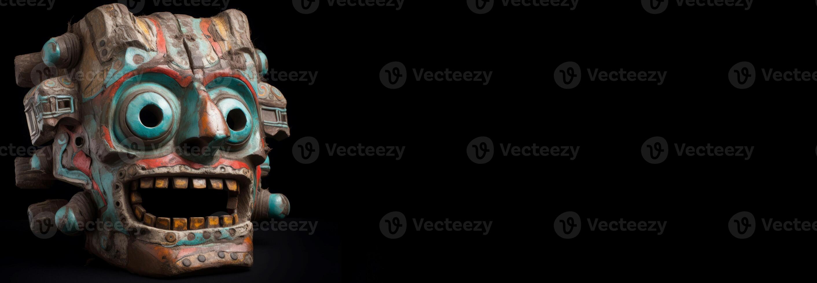 AI generated Aztec monster mask on black background banner. Generate ai photo