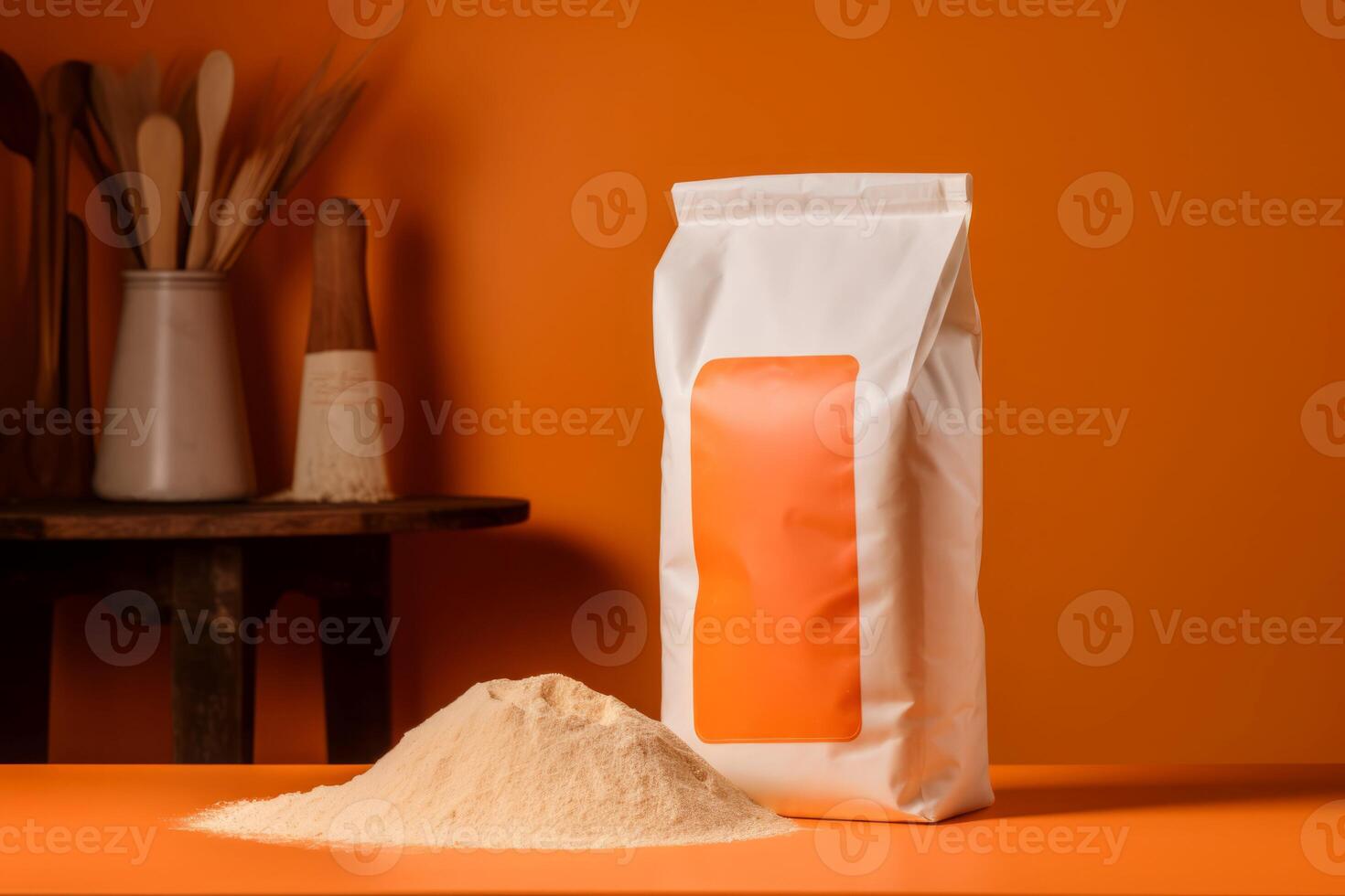 AI generated Flour package on desk warm napkin. Generate Ai photo