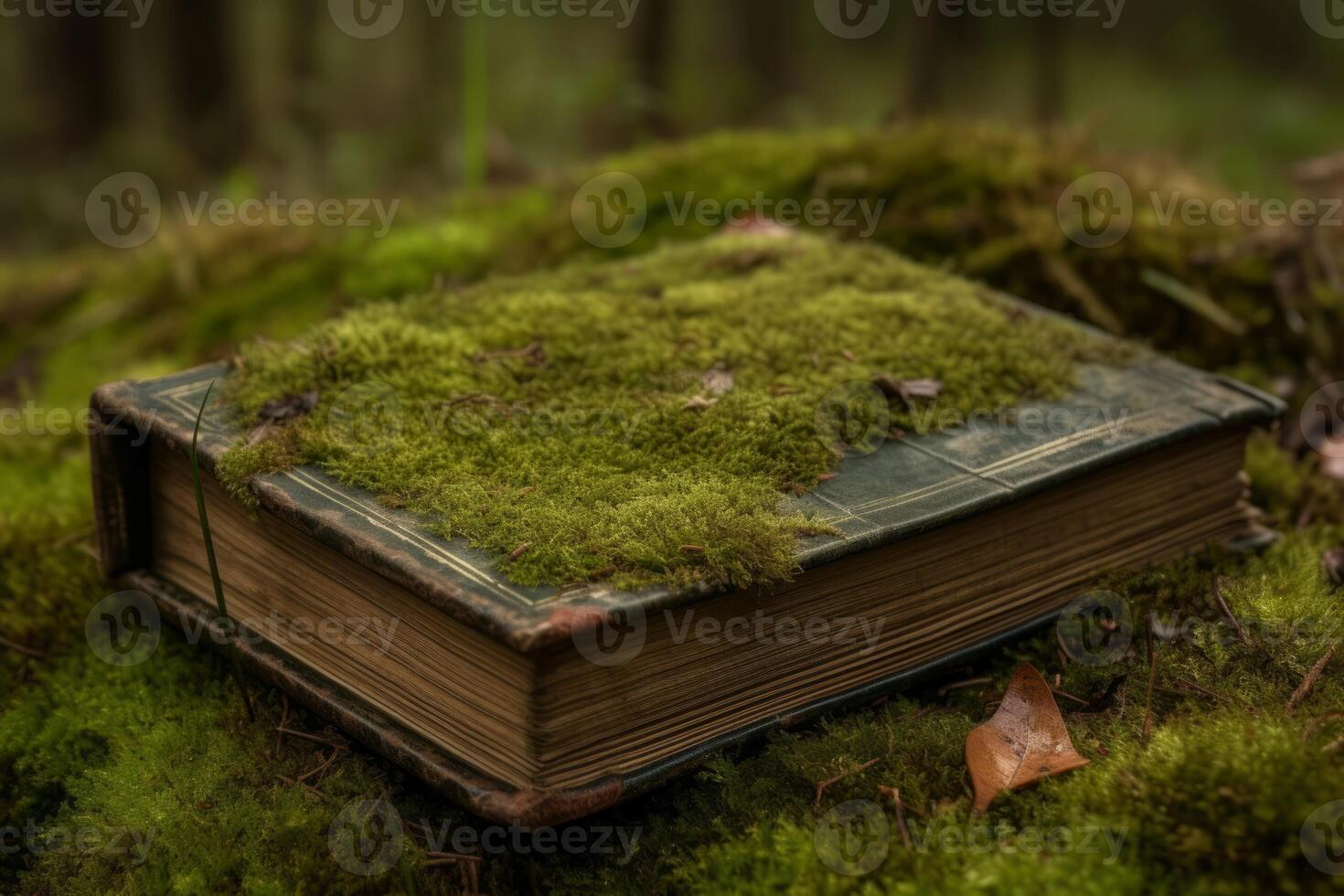 AI generated Ancient book moss on soil ground. Generate Ai photo