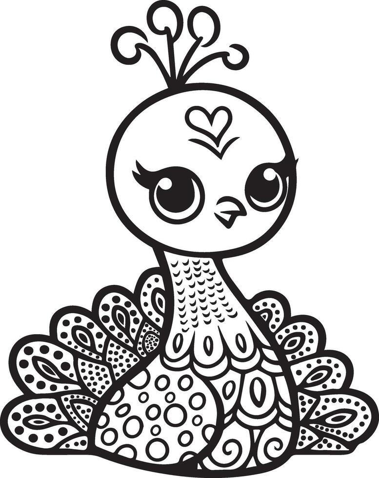 Cute Baby Peacock Line Art Vector Coloring Page