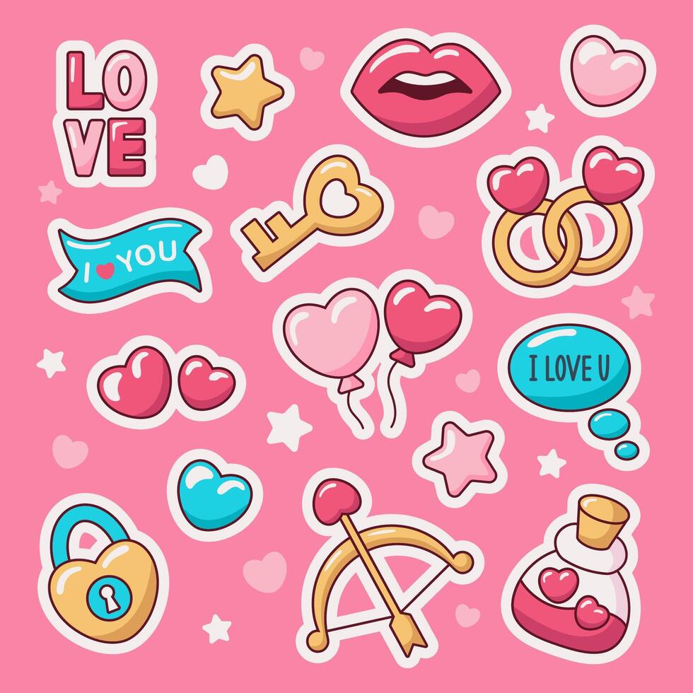 Valentine's day sticker badges and labels flat hand drawn cartoon vector