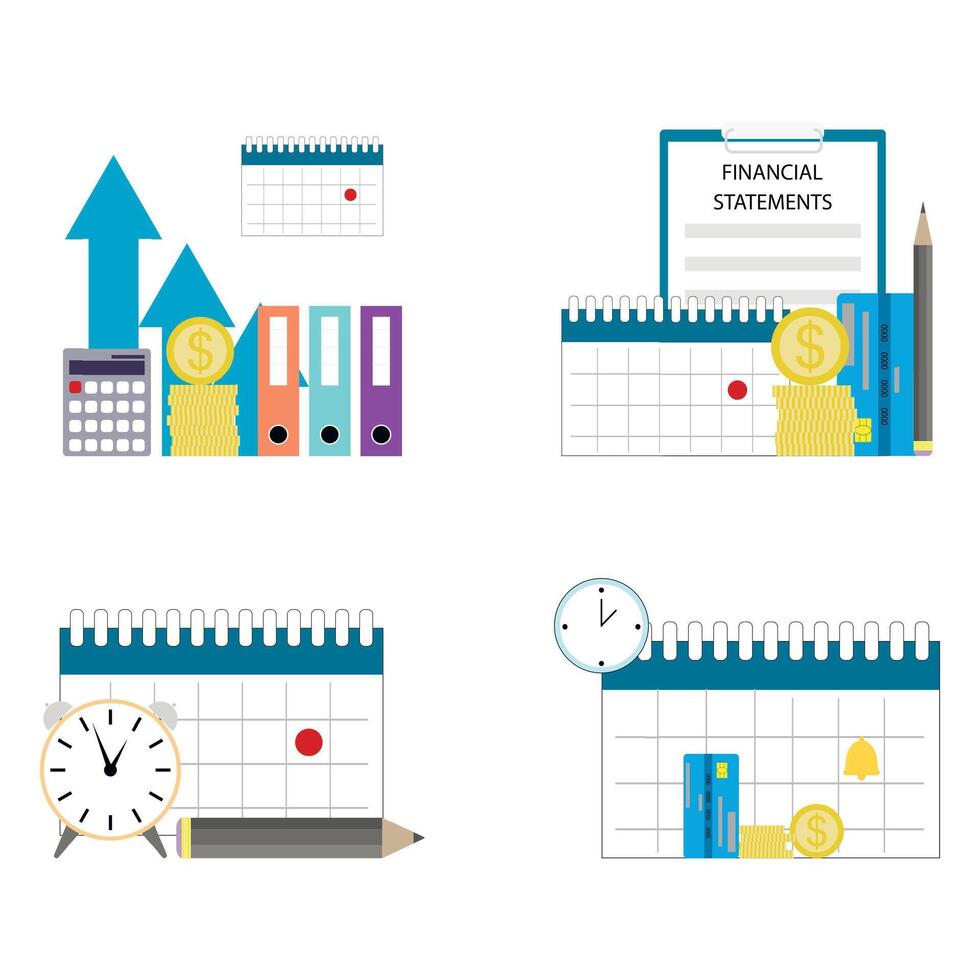 Financial calendar and schedule of payments, increase income and report financial statements. Vector illustration. Business money, cash chart graphic, company statistics, annual company day