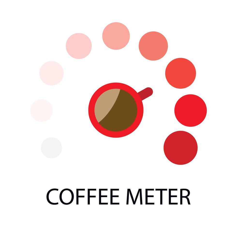 Coffee meter, indicator of power and energy. Hot drink to wake and work. Vector illustration. Energy coffe meter, coffee indicator level, hot drink element, coffee level caffeine, speed panel