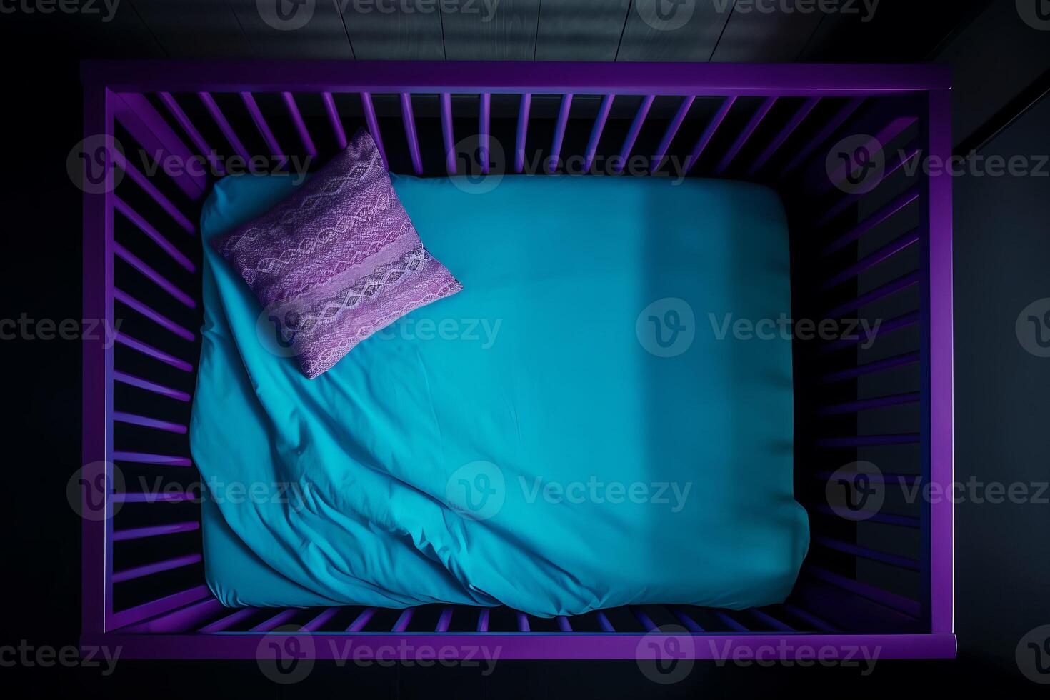 AI generated Vibrant purple empty toddler modern bed with pillow. Generate ai photo
