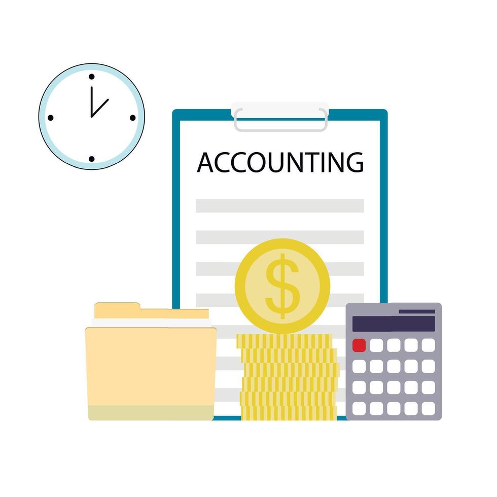 Accounting and bookkeeping concept, calculation financial report. Vector illustration. finance managment, economy analysis, icon business concept, office calclator, data balance, bank paperwork