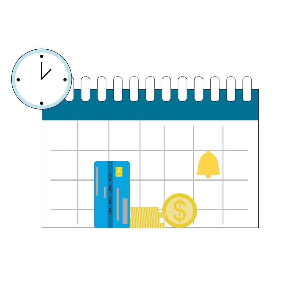 calendario de pago, notificación y recordatorio acerca de pagar. vector ilustración. dinero hora calendario, crédito efectivo día, salario invertir, precaución mensaje, impuesto icono, bancario alarma, calculador equilibrar