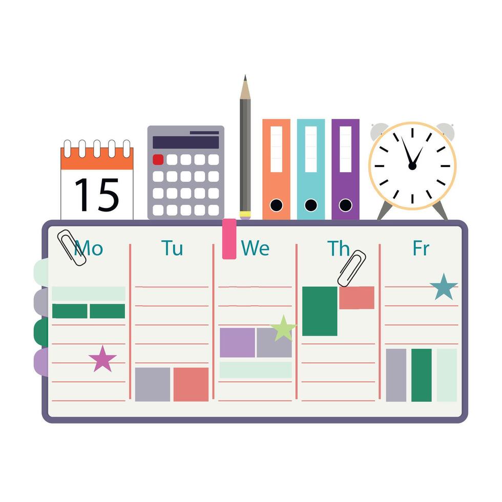 Management and organization concept, timetable for work week and business icons. Vector illustration. Office date, financial month planning, organizer concept, team dairy, manager work