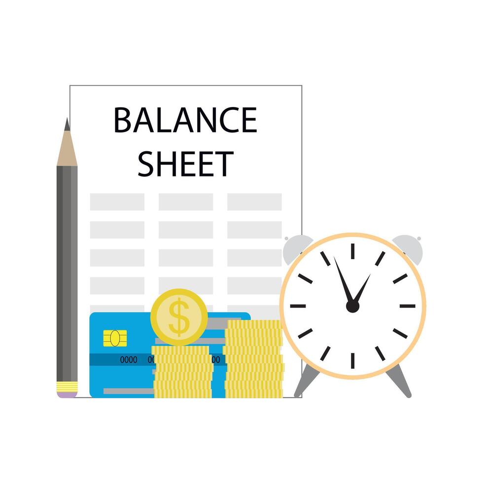 Balance sheet of company, audit finance and plan budget. Vector illustration. Analysis budget risk, statment story, monthly checklist, data statistics, salary review, company money olan
